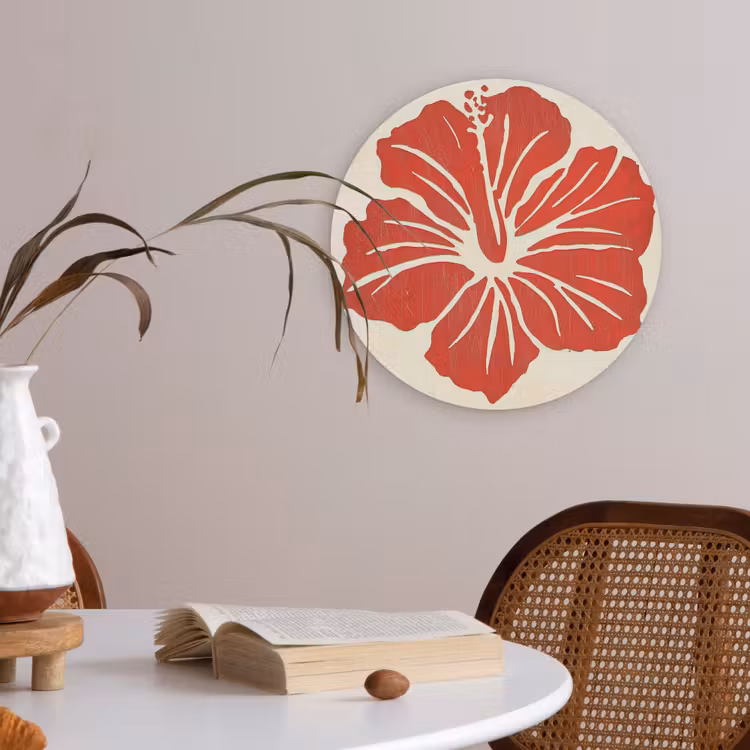 Rode hibiscusbloem - Textuur achtergrond - Beige Akoestische PET Vilt - Rond klein -sfeer3