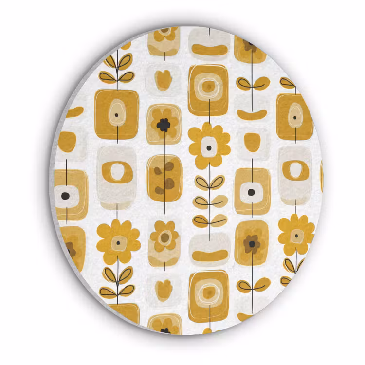 Retro - Abstract - Bloemen - Okergeel Akoestische PET Vilt - Rond klein 838 -3d
