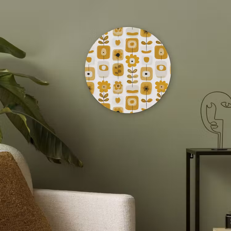 Retro - Abstract - Bloemen - Okergeel Akoestische PET Vilt - Rond klein 838 -sfeer2