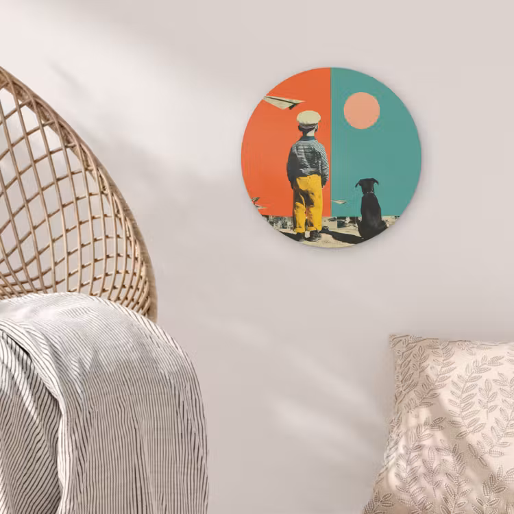 Retro - Jongen - Hond - Rood - Groen Akoestische PET Vilt - Rond klein -sfeer4