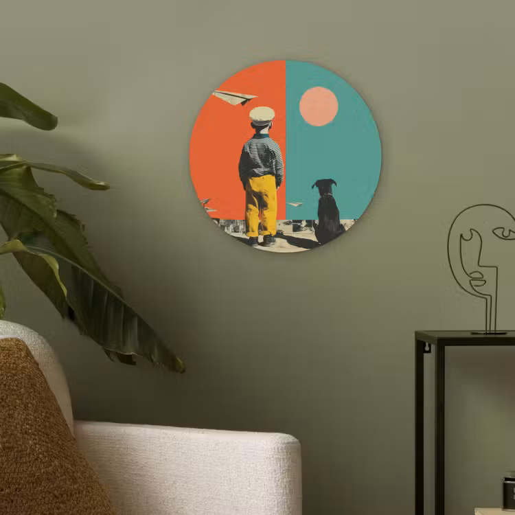 Retro - Jongen - Hond - Rood - Groen Akoestische PET Vilt - Rond klein -sfeer2