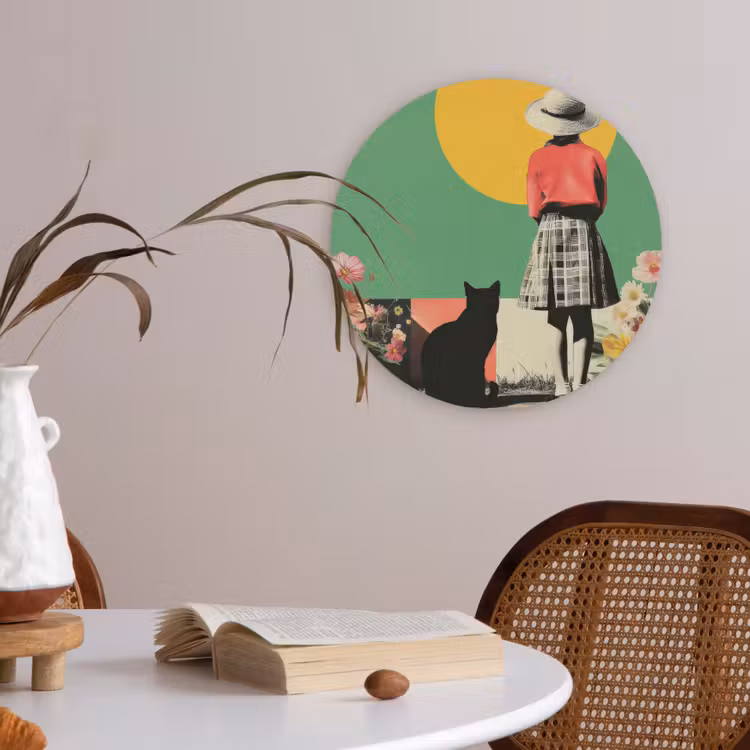 Retro - Meisje - Kat - Zon Akoestische PET Vilt - Rond klein -sfeer3