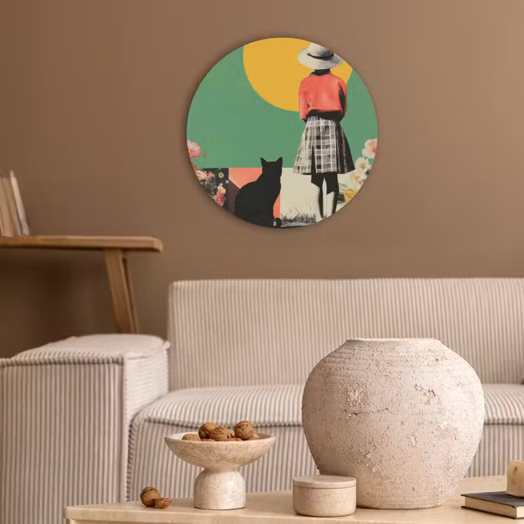 Retro - Meisje - Kat - Zon Akoestische PET Vilt - Rond klein -sfeer1