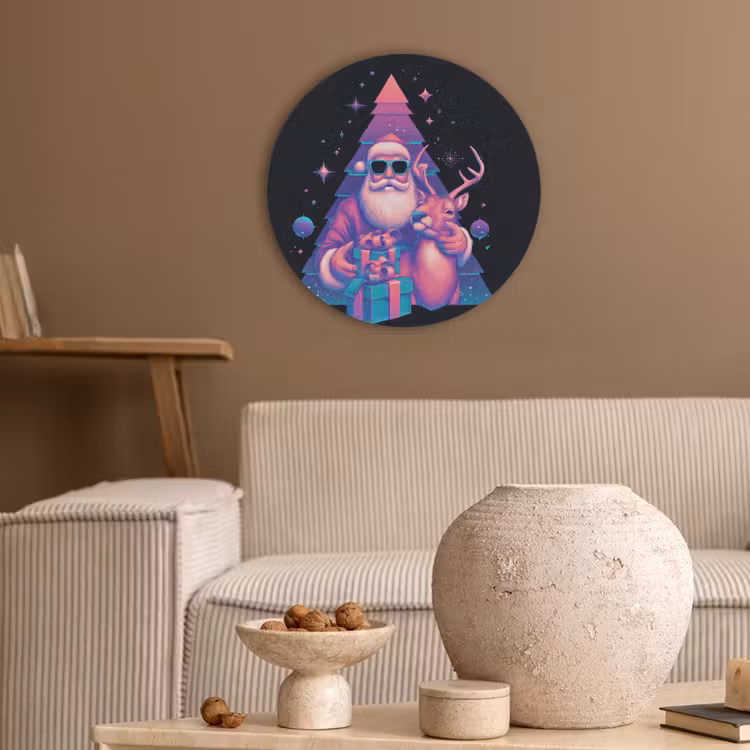 Retro - Kerstman - Rendieren - Kerstboom Akoestische PET Vilt - Rond klein -sfeer1