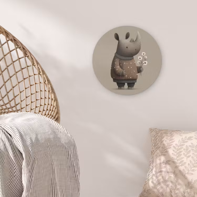 Neushoorn - Witte bloemen - Lief Akoestische PET Vilt - Rond klein -sfeer4