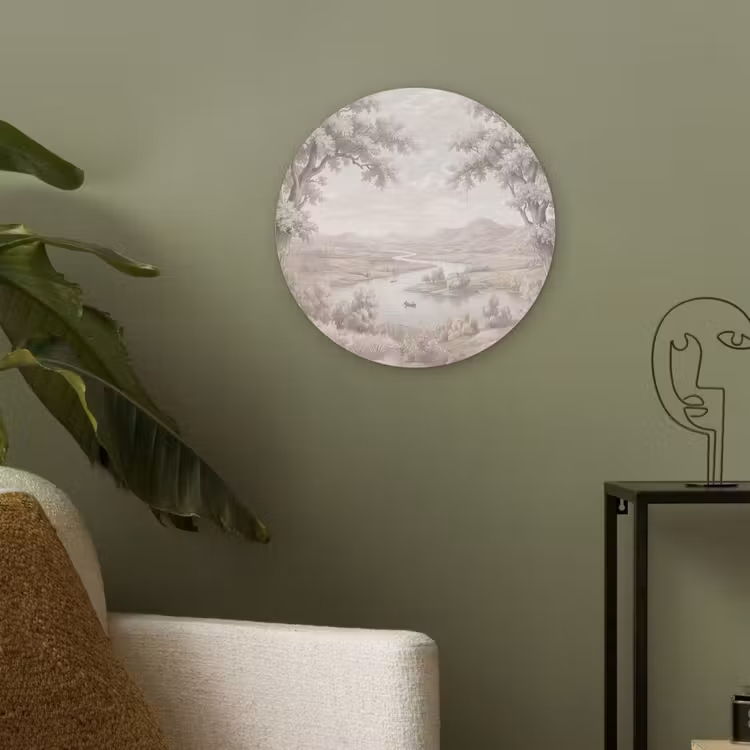Rivierlandschap - Bergen - Natuur - Vintage - Beige Akoestische PET Vilt - Rond klein -sfeer2