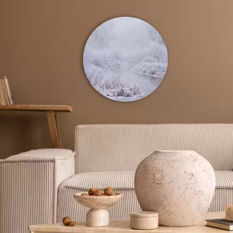 Rivier - Sneeuw - Bos - Winter - Schilderachtig Akoestische PET Vilt - Rond klein -sfeer1