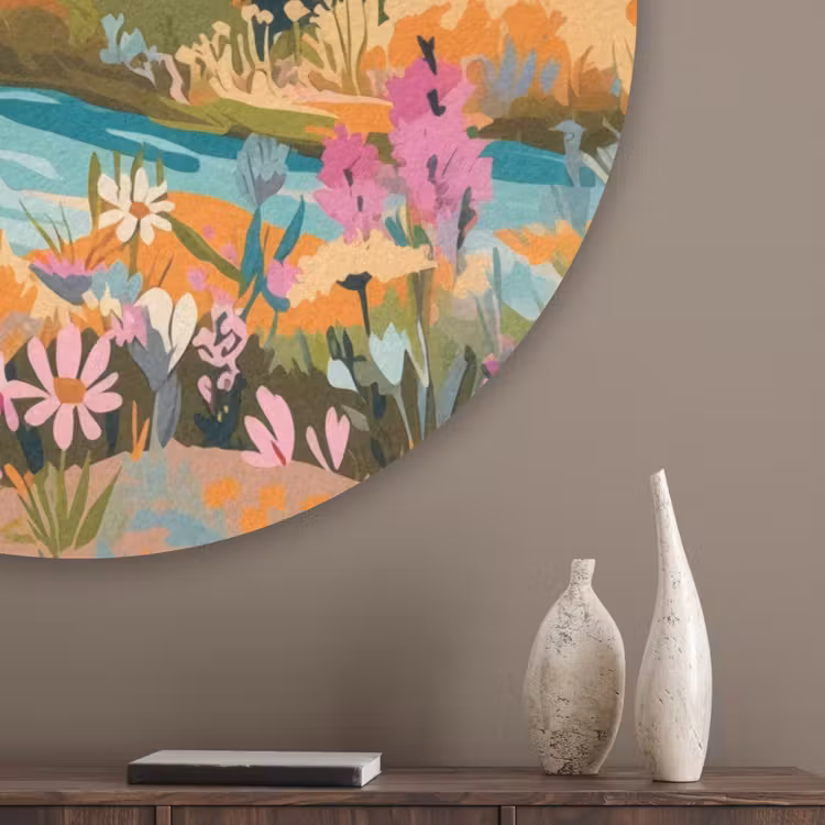 Rivier - Vallei vol bloemen - Levendig Akoestische PET Vilt - Rond klein -sfeer5_closeup
