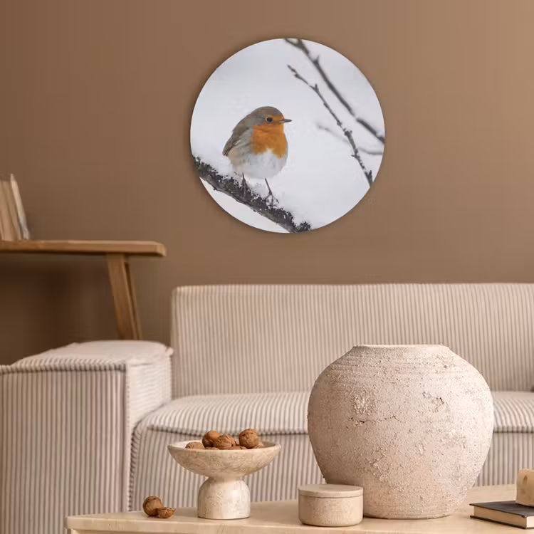Roodborstje - Tak - Sneeuw - Winter - Levendig Akoestische PET Vilt - Rond klein -sfeer1
