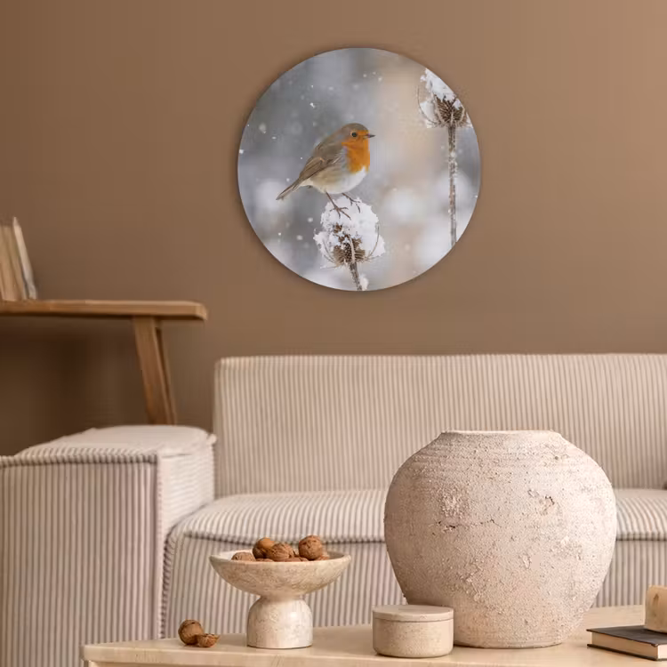 Roodborstje - Gedroogde bloem - Sneeuw - Winter - Vertederend Akoestische PET Vilt - Rond klein -sfeer1