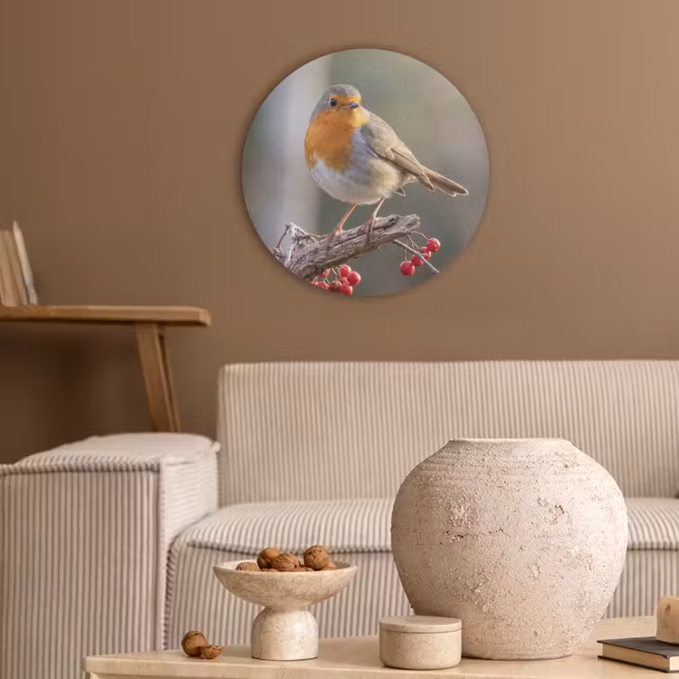 Roodborst - Tak - Bessen - Natuur Akoestische PET Vilt - Rond klein -sfeer1