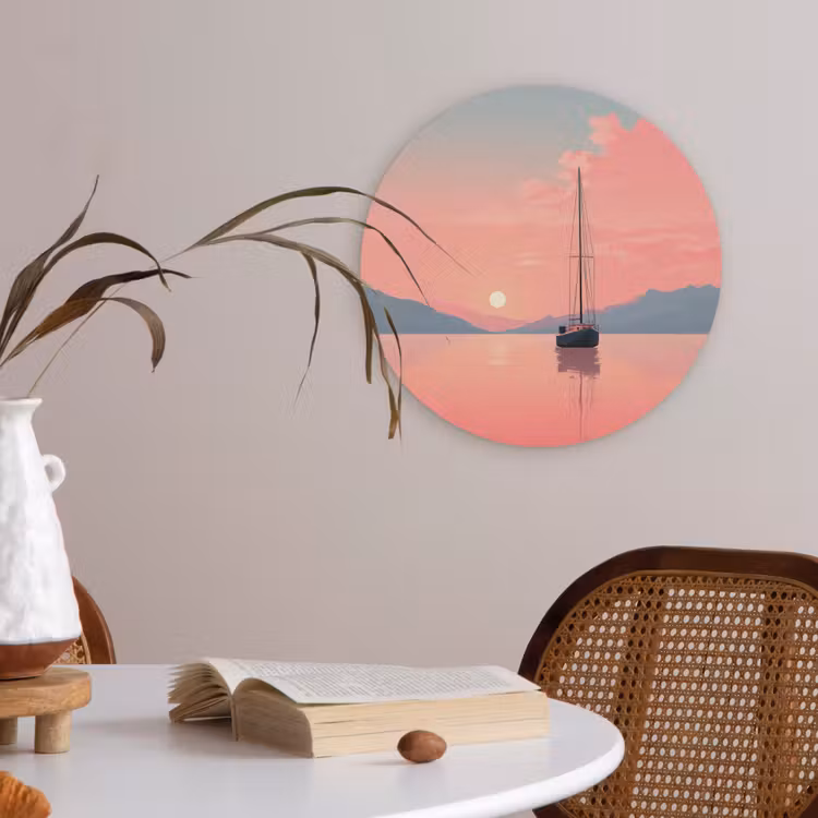 Zeilboot - Roze zee - Zonsondergang - Bergen Akoestische PET Vilt - Rond klein -sfeer3