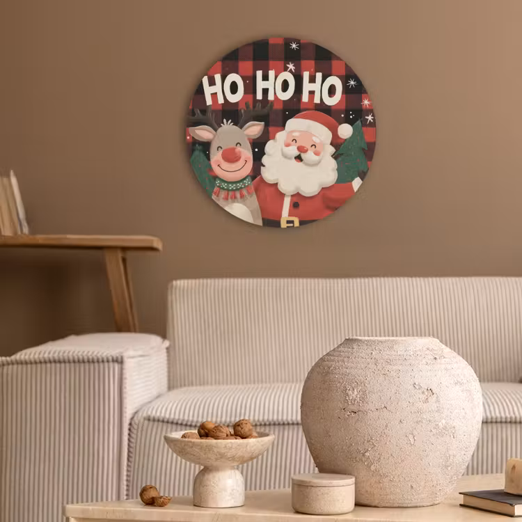 Kerstman - Rendier - Tekst - Rood - Zwart Akoestische PET Vilt - Rond klein -sfeer1