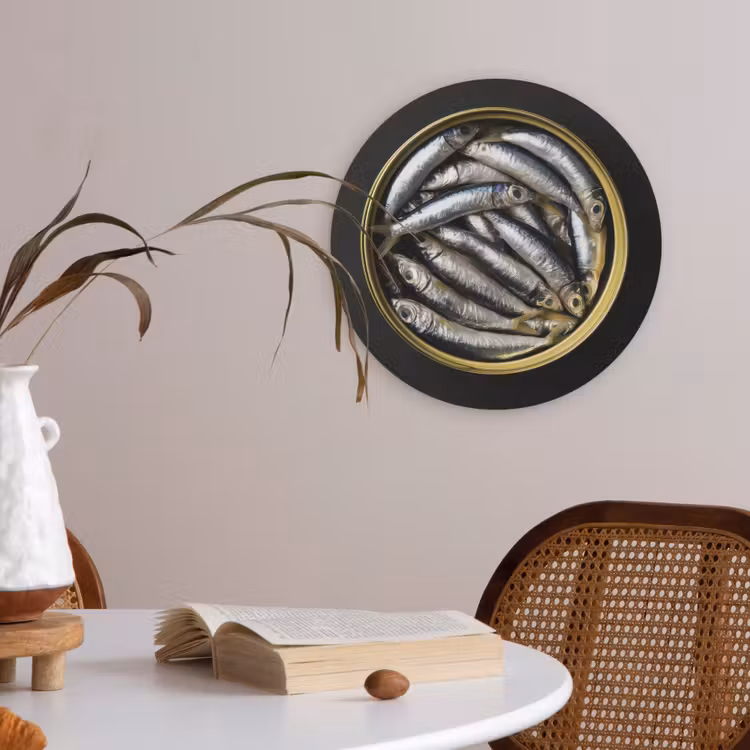 Sardines - Vissen - Rond - Zwart Akoestische PET Vilt - Rond klein -sfeer3
