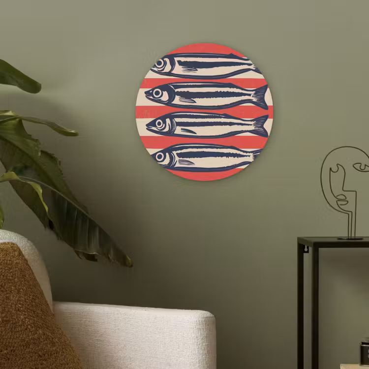 Sardines - Rood en beige strepen Akoestische PET Vilt - Rond klein -sfeer2