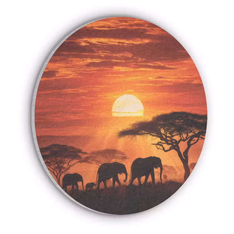 Savanne - Olifanten - Zonsondergang Akoestische PET Vilt - Rond klein -3d