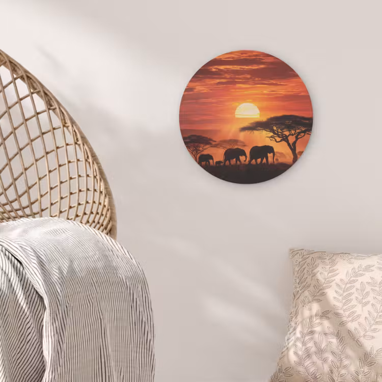 Savanne - Olifanten - Zonsondergang Akoestische PET Vilt - Rond klein -sfeer4
