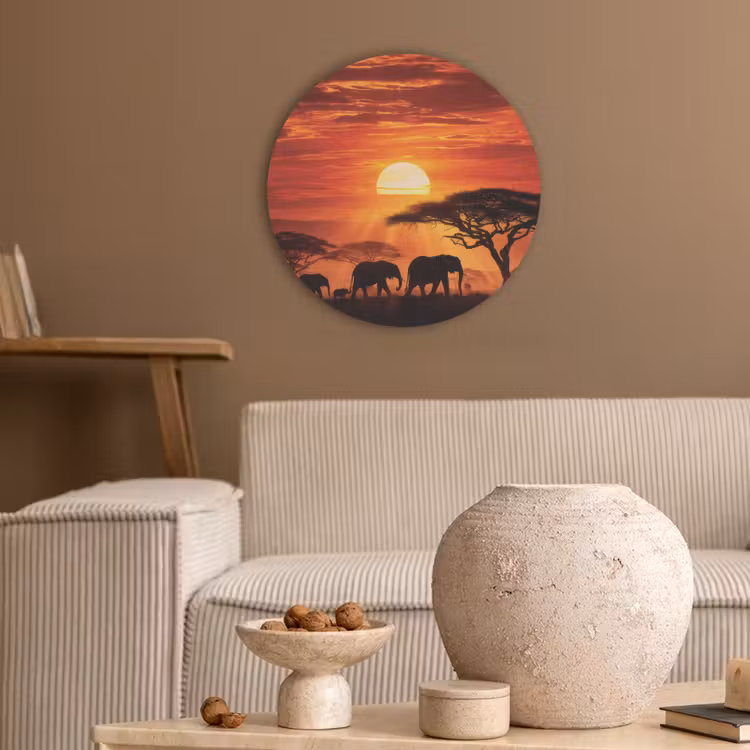 Savanne - Olifanten - Zonsondergang Akoestische PET Vilt - Rond klein -sfeer1