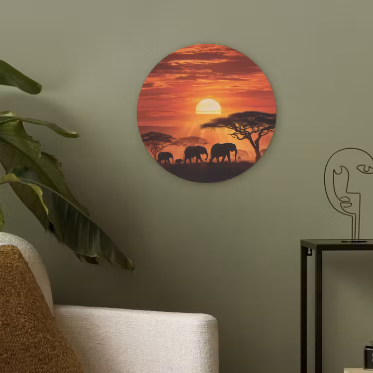 Savanne - Olifanten - Zonsondergang Akoestische PET Vilt - Rond klein -sfeer2
