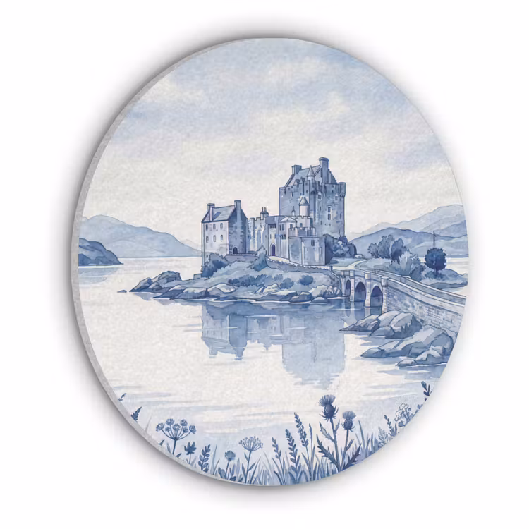 Schots - Kasteel - Blauw - Aquarel Akoestische PET Vilt - Rond klein -3d