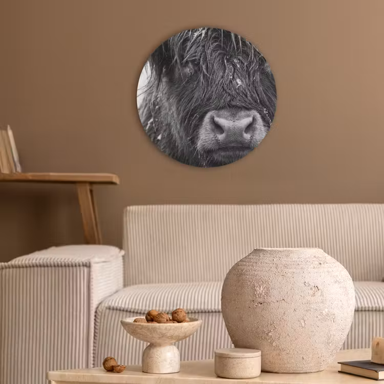 Schotse hooglander - Zwart - Wit - Sneeuwvlokken Akoestische PET Vilt - Rond klein -sfeer1