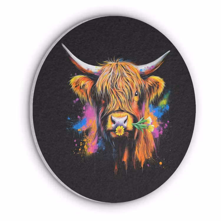 Schotse Hooglander - Graffiti - Kleurrijk - Bloem - Dieren Akoestische PET Vilt - Rond klein -3d