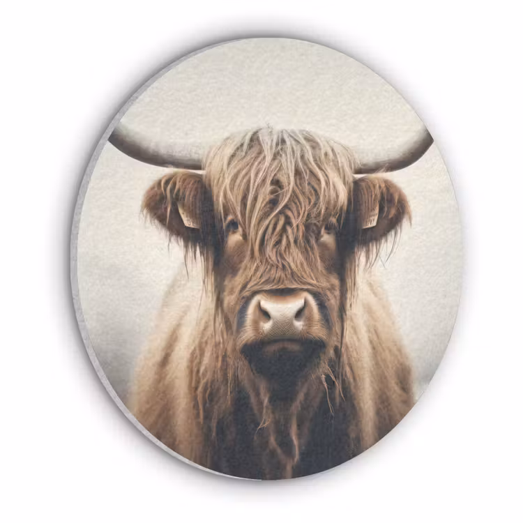 Schotse hooglander - Hoorns - Landschap Akoestische PET Vilt - Rond klein -3d
