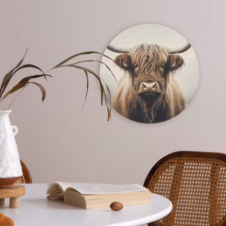 Schotse hooglander - Hoorns - Landschap Akoestische PET Vilt - Rond klein -sfeer3