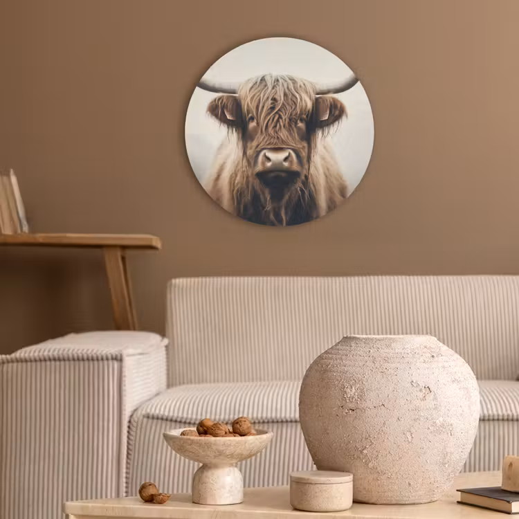 Schotse hooglander - Hoorns - Landschap Akoestische PET Vilt - Rond klein -sfeer1