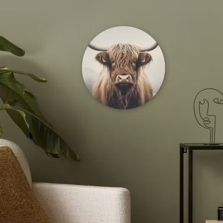 Schotse hooglander - Hoorns - Landschap Akoestische PET Vilt - Rond klein -sfeer2