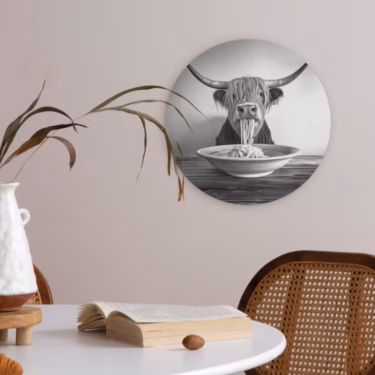 Schotse Hooglander - Spaghetti - Dieren - Zwart wit Akoestische PET Vilt - Rond klein -sfeer3