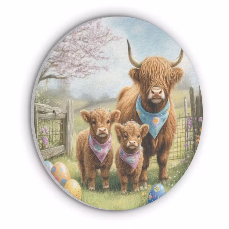 Schotsehooglanders - Paaseieren - Lente Akoestische PET Vilt - Rond klein -3d