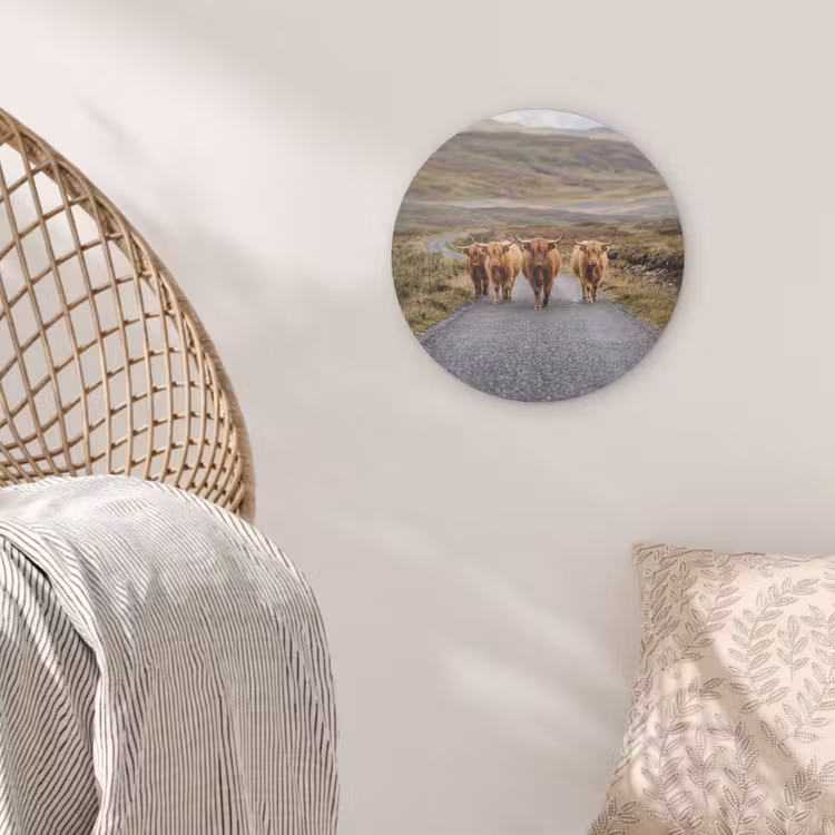Schotse Hooglanders - Weg - Landschap - Kudde Akoestische PET Vilt - Rond klein -sfeer4