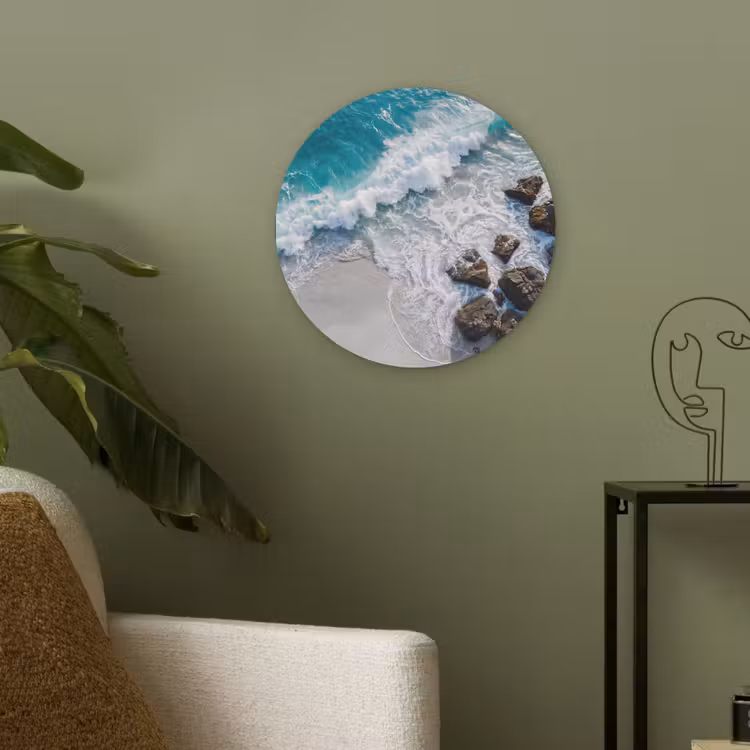 Zee - Golf - Strand - Natuur - Blauw Akoestische PET Vilt - Rond klein -sfeer2
