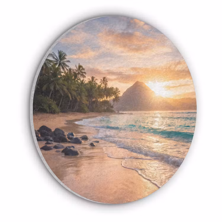 Zee - Berg - Landschap - Tropisch - Goud Akoestische PET Vilt - Rond klein -3d