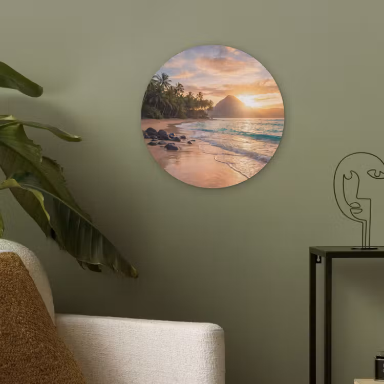 Zee - Berg - Landschap - Tropisch - Goud Akoestische PET Vilt - Rond klein -sfeer2