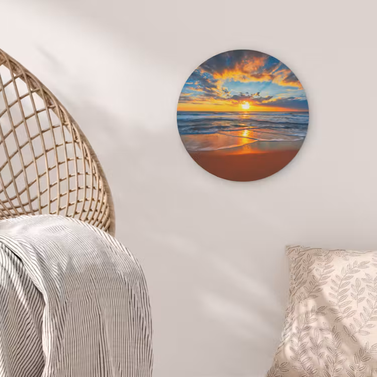 Zee - Zonsondergang - Strand - Wolken - Oranje Akoestische PET Vilt - Rond klein -sfeer4