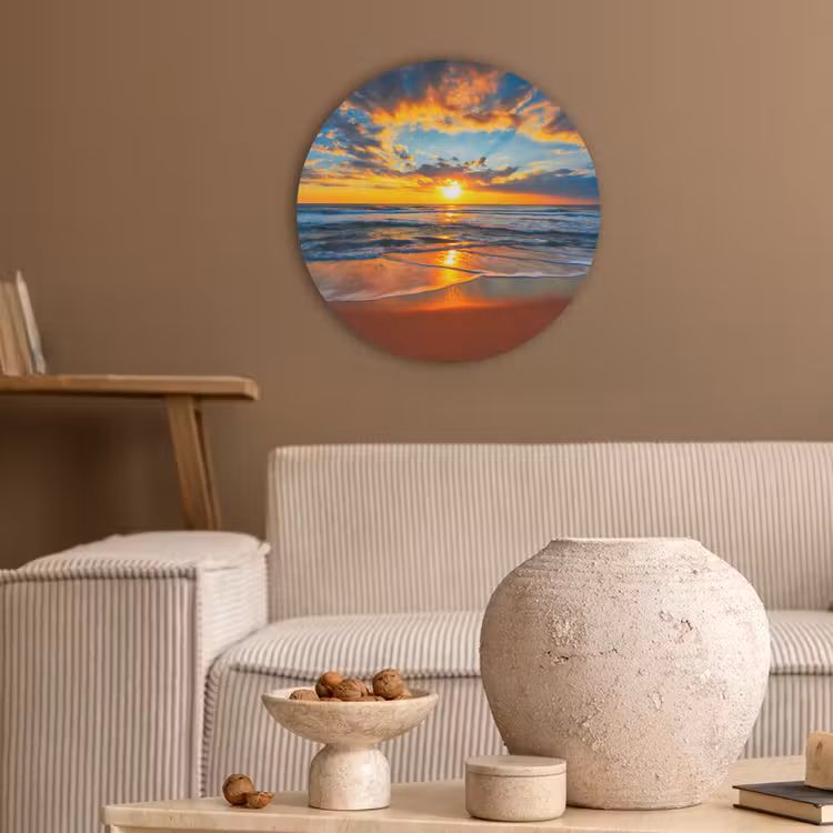Zee - Zonsondergang - Strand - Wolken - Oranje Akoestische PET Vilt - Rond klein -sfeer1