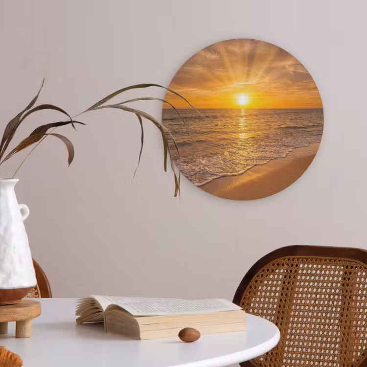 Zee - Zonsondergang - Golven - Kust - Oranje Akoestische PET Vilt - Rond klein -sfeer3