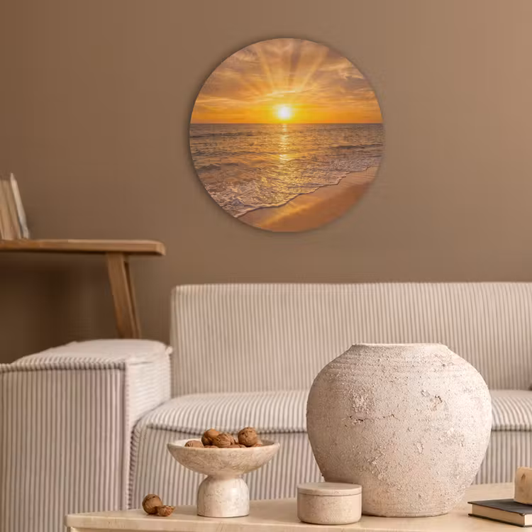 Zee - Zonsondergang - Golven - Kust - Oranje Akoestische PET Vilt - Rond klein -sfeer1