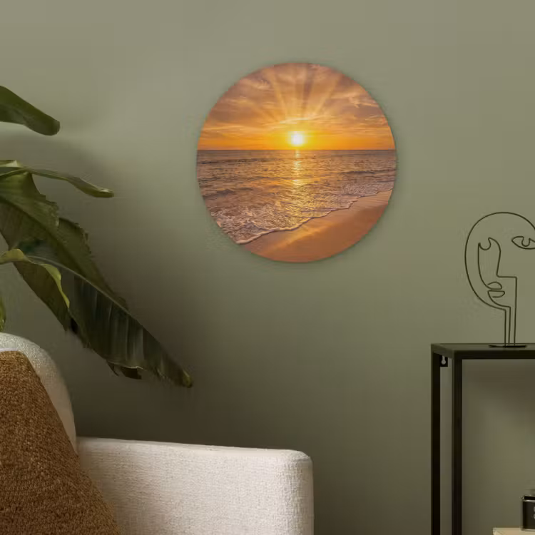 Zee - Zonsondergang - Golven - Kust - Oranje Akoestische PET Vilt - Rond klein -sfeer2