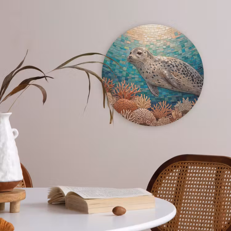 Zeehond - Mozaïek - Onderwater - Dieren - Blauw Akoestische PET Vilt - Rond klein -sfeer3