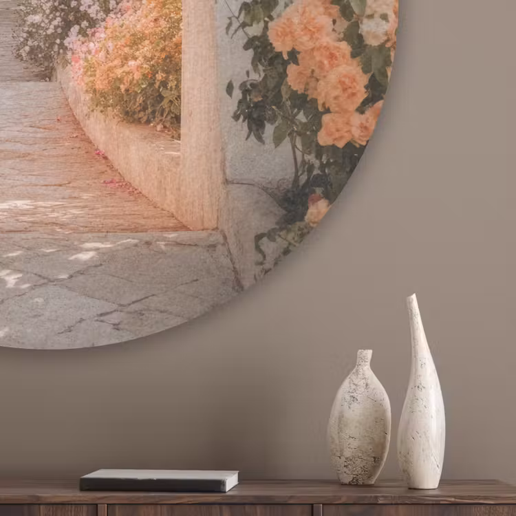 Doorkijk - Boog - Bloemen - Pastel Akoestische PET Vilt - Rond klein -sfeer5_closeup