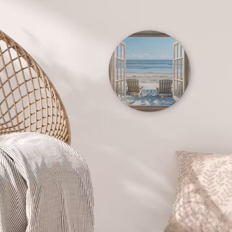Doorkijk - Strandstoelen - Duinen - Zee - Natuur Akoestische PET Vilt - Rond klein -sfeer4