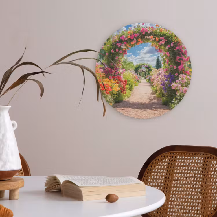 Doorkijk - Bloemen - Kleurrijk - Natuur Akoestische PET Vilt - Rond klein -sfeer3