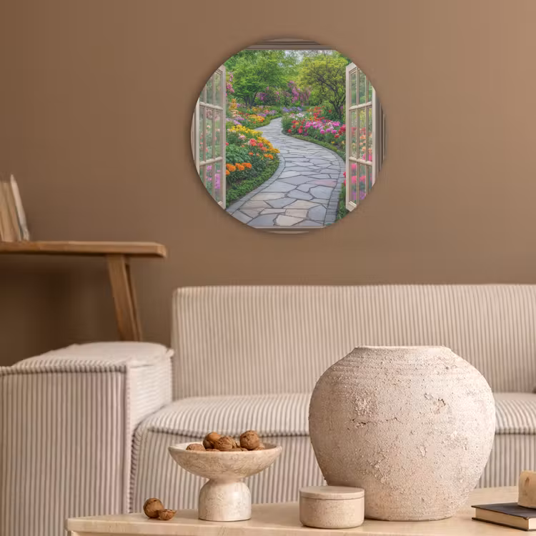 Doorkijk - Bloemen - Tuinpad - Natuur - Raam Akoestische PET Vilt - Rond klein -sfeer1