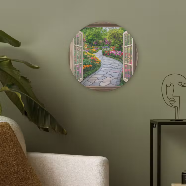 Doorkijk - Bloemen - Tuinpad - Natuur - Raam Akoestische PET Vilt - Rond klein -sfeer2
