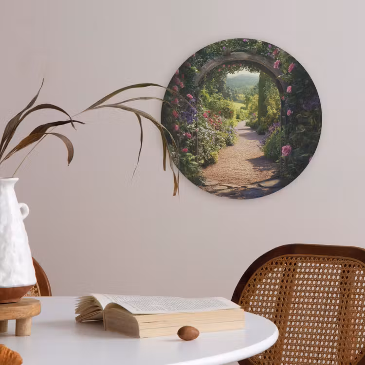 Doorkijk - Bloemen - Natuur - Rozenboog Akoestische PET Vilt - Rond klein -sfeer3