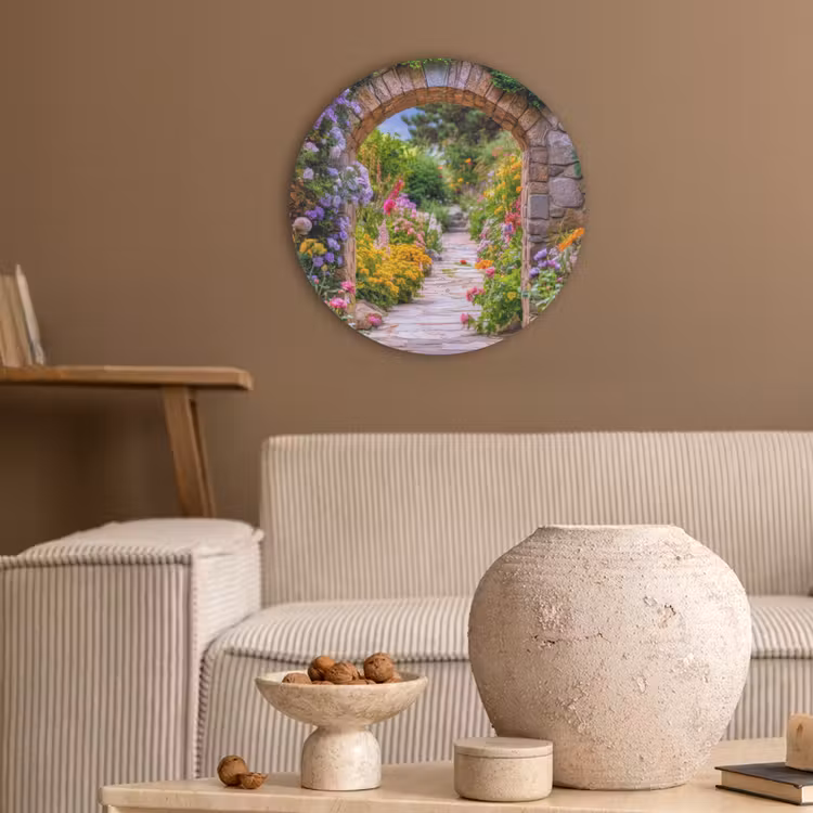 Doorkijk - Bloemen - Pad - Natuur Akoestische PET Vilt - Rond klein -sfeer1