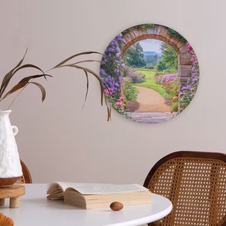 Doorkijk - Poort - Bloemen - Tuin Akoestische PET Vilt - Rond klein -sfeer3